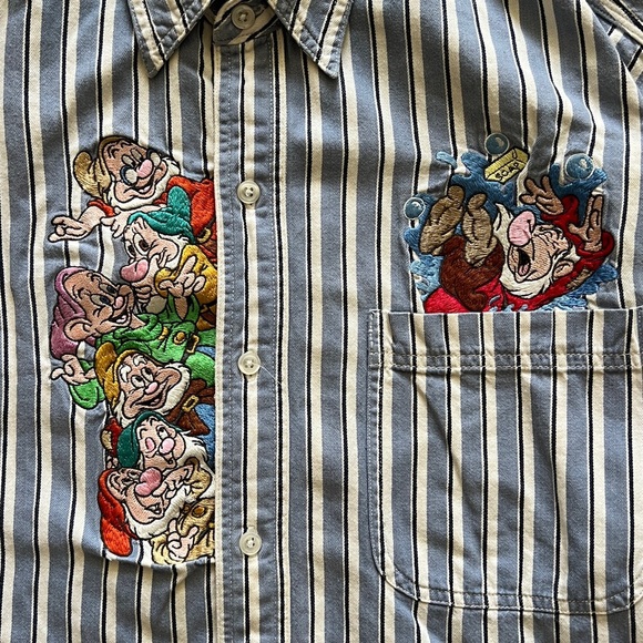 VTG 90s Disney Snow White Seven Dwarfs Embroidered Button Up Shirt Men L Striped - Picture 2 of 12